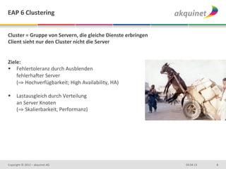 EAP	
  6	
  Clustering	
  


Cluster	
  =	
  Gruppe	
  von	
  Servern,	
  die	
  gleiche	
  Dienste	
  erbringen	
  
Client	
  sieht	
  nur	
  den	
  Cluster	
  nicht	
  die	
  Server	
  
	
  
	
  
Ziele:	
  
§  Fehlertoleranz	
  durch	
  Ausblenden	
  	
  
     fehlerha`er	
  Server	
  
     (⇒	
  Hochverfügbarkeit;	
  High	
  Availability,	
  HA)	
  

§  Lastausgleich	
  durch	
  Verteilung	
  	
  
    an	
  Server	
  Knoten	
  
    (⇒	
  Skalierbarkeit,	
  Performanz)	
  


	
  
	
  



Copyright	
  ©	
  2012	
  –	
  akquinet	
  AG	
                                           03.04.13	
     8	
  
 