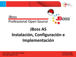 JBoss
Professional Open Source

JBoss AS
Instalación, Configuración e
Implementación
César Pajares – ECM /CMS Manager
cesarpajares@gmail.com

19 Octubre 2009
Curso JBoss JB366

 