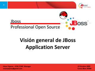 Jboss
Professional Open Source

Visión general de JBoss
Application Server

César Pajares – ECM /CMS Manager
cesarpajares@gmail.com

19 Octubre 2009
Curso JBoss JB366

 