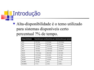 Introdução Alta-disponibilidade é o temo utilizado para sistemas disponíveis certo percentual ?% de tempo. Disponibilidade Downtime por ano Downtime por mês Downtime por semana 90% 36.5 Dias 72 Horas 16.8 Horas 95% 18.25 Dias 36 Horas 8.4 Horas 98% 7.30 Dias 14.4 Horas 3.36 Horas 99% 3.65 Dias 7.20 Horas 1.68 Horas 99,5% 1.83 Dias 3.60 Horas 50.4 Min 99,8% 17.52 Horas 86.23 Min 20.16 Min 99,9% 8.76 Horas 43.2 Min 10.1 Min 99,95% 4.38 Horas 21.56 Min 5.04 Min 99,99% 52.6 Min 4.32 Min 1.01 Min 99,999% 5.26 Min 25.9 s 6.05 s 99,9999% 31.5 s 2.59 s 0.605 s 