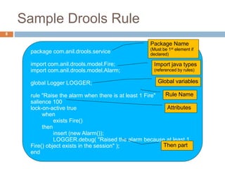 Sample Drools Rule
8
When part
package com.anil.drools.service
import com.anil.drools.model.Fire;
import com.anil.drools.model.Alarm;
global Logger LOGGER;
rule "Raise the alarm when there is at least 1 Fire"
salience 100
lock-on-active true
when
exists Fire()
then
insert (new Alarm());
LOGGER.debug( "Raised the alarm because at least 1
Fire() object exists in the session" );
end
Rule Name
Attributes
Then part
Package Name
(Must be 1st element if
declared)
Import java types
(referenced by rules)
Global variables
 