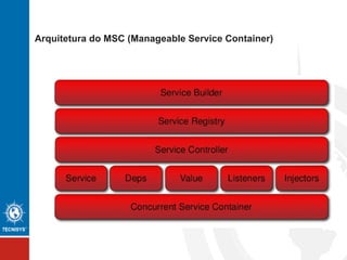 Principais características do MSC:
● Pequeno, leve e eficiente
Jar de 216kb, pouquíssima memória
● Tarefas concorrentes e altamente escaláveis
● Serviços baseados em interface
Não requer uso de XML nem usa reflection
● Somente dois estados, sem estados de transição
UP e DOWN
● Múltiplos modos de startup dos serviços
Ativo, passivo, sob demanda, lazy e never
 
