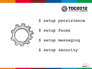 $ setup persistence

$ setup faces

$ setup messaging

$ setup security



            Globalcode – Open4education
 