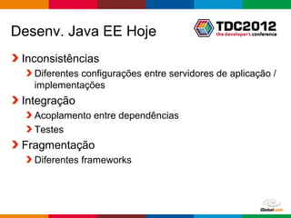 Desenv. Java EE Hoje
 Inconsistências
   Diferentes configurações entre servidores de aplicação /
   implementações
 Integração
   Acoplamento entre dependências
   Testes
 Fragmentação
   Diferentes frameworks




                                             Globalcode – Open4education
 