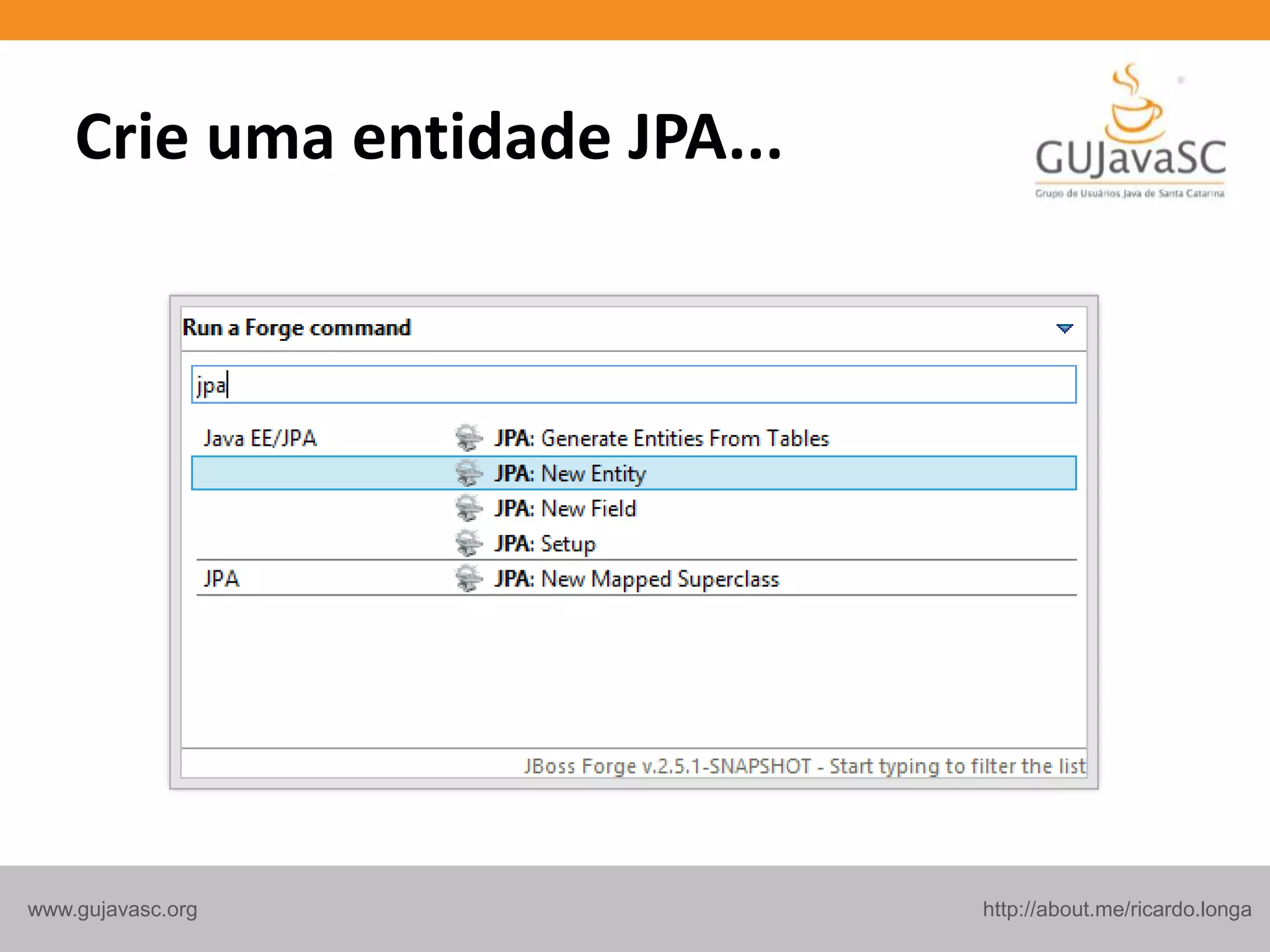 http://about.me/ricardo.longawww.gujavasc.org
Crie uma entidade JPA...
 