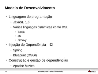 15 ADD NAME (View > Master > Slide master)
Modelo de Desenvolvimento
● Linguagem de programação
● JavaSE 1.6
● Várias linguages dinâmicas como DSL
● Scala
● JS
● Groovy
● Injeção de Dependência – DI
● Spring
● Blueprint (OSGI)
● Construção e gestão de dependências
● Apache Maven
 