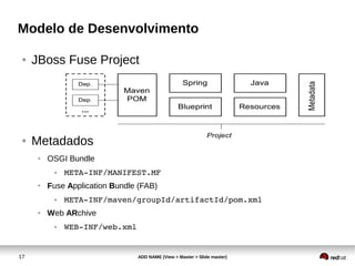 17 ADD NAME (View > Master > Slide master)
Modelo de Desenvolvimento
● JBoss Fuse Project
● Metadados
● OSGI Bundle
● META­INF/MANIFEST.MF
● Fuse Application Bundle (FAB)
● META­INF/maven/groupId/artifactId/pom.xml
● Web ARchive
● WEB­INF/web.xml
 