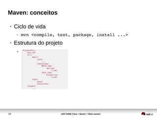 18 ADD NAME (View > Master > Slide master)
Maven: conceitos
● Ciclo de vida
● mvn <compile, test, package, install ...>
● Estrutura do projeto
●
 