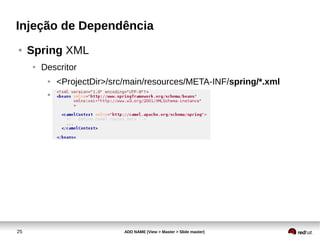 25 ADD NAME (View > Master > Slide master)
Injeção de Dependência
● Spring XML
● Descritor
● <ProjectDir>/src/main/resources/META-INF/spring/*.xml
●
 