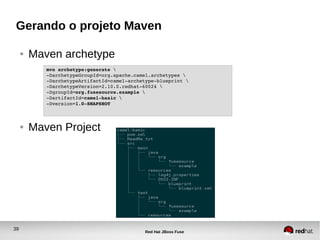 39
Red Hat JBoss Fuse
Gerando o projeto Maven
● Maven archetype
● Maven Project
mvn archetype:generate 
­DarchetypeGroupId=org.apache.camel.archetypes 
­DarchetypeArtifactId=camel­archetype­blueprint 
­DarchetypeVersion=2.10.0.redhat­60024 
­DgroupId=org.fusesource.example 
­DartifactId=camel­basic 
­Dversion=1.0­SNAPSHOT 
 