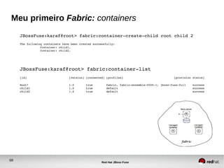 68
Red Hat JBoss Fuse
Meu primeiro Fabric: containers
JBossFuse:karaf@root> fabric:container­create­child root child 2
The following containers have been created successfully:
Container: child1.
Container: child2.
JBossFuse:karaf@root> fabric:container­list
[id]                         [version] [connected] [profiles]                              [provision status]
Root*                        1.0       true        fabric, fabric­ensemble­0000­1, jboss­fuse­full    success
child1                       1.0       true        default                                            success
child2                       1.0       true        default                                            success
 