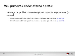 70
Red Hat JBoss Fuse
Meu primeiro Fabric: criando o profile
● Herança de profiles: criando dois profiles devirados do profile Base (gs­
cxf­base)
● JBossFuse:karaf@root> profile­create ­­parents gs­cxf­base gs­cxf­01
● JBossFuse:karaf@root> profile­create ­­parents gs­cxf­base gs­cxf­02
 