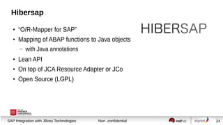 Hibersap
●

“O/R-Mapper for SAP”

●

Mapping of ABAP functions to Java objects
–

with Java annotations

●

Lean API

●

O...