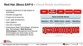 Red Hat JBoss EAP 6 – Cloud Ready Architecture
●

Modular architecture & high degree of
automation

●

Flexible management

●

Frugal use of resources

●

Lean, agile development

●

Open platform

●

Java EE 6 standard

●

Subsystems (Web Technologies, Enterprise
App. Technologies, Web Services
Technologies, Management and Security
Technologies) are what make up the
functionality of the Application Server

Session title
SAP Integration with JBoss Technologies

Non -confidential

3

 