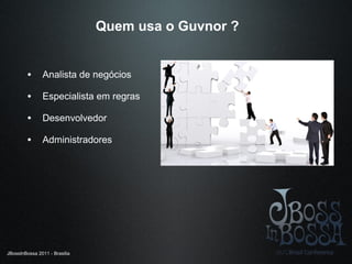 JBossInBossa 2011 - Brasilia
Quem usa o Guvnor ?
• Analista de negócios
• Especialista em regras
• Desenvolvedor
• Administradores
 