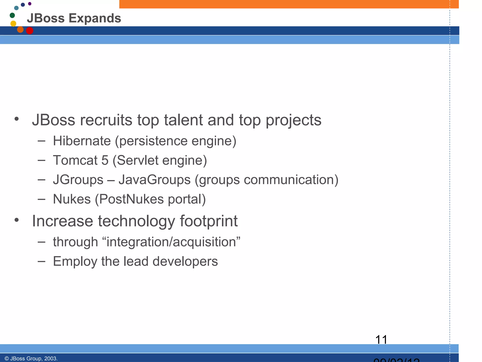 JBoss Expands




   • JBoss recruits top talent and top projects
            –     Hibernate (persistence engine)
            –     Tomcat 5 (Servlet engine)
            –     JGroups – JavaGroups (groups communication)
            –     Nukes (PostNukes portal)
   • Increase technology footprint
            – through “integration/acquisition”
            – Employ the lead developers




                                                                11
© JBoss Group, 2003.
 
