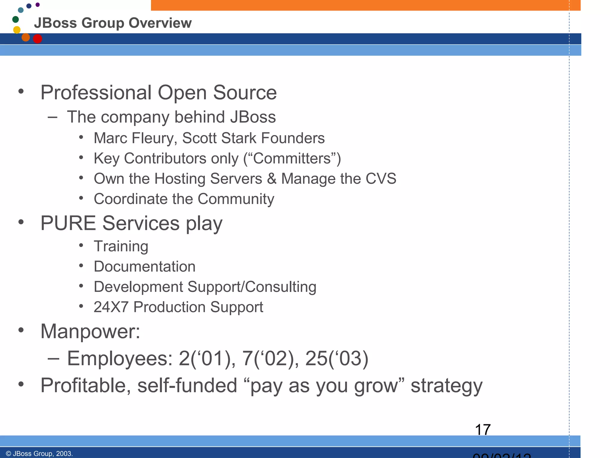 JBoss Group Overview



   • Professional Open Source
            – The company behind JBoss
                       •   Marc Fleury, Scott Stark Founders
                       •   Key Contributors only (“Committers”)
                       •   Own the Hosting Servers & Manage the CVS
                       •   Coordinate the Community
   • PURE Services play
                       •   Training
                       •   Documentation
                       •   Development Support/Consulting
                       •   24X7 Production Support
   • Manpower:
      – Employees: 2(‘01), 7(‘02), 25(‘03)
   • Profitable, self-funded “pay as you grow” strategy

                                                                      17
© JBoss Group, 2003.
 