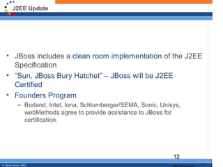J2EE Update




   • JBoss includes a clean room implementation of the J2EE
     Specification
   • “Sun, JBoss Bury Hatchet” – JBoss will be J2EE
     Certified
   • Founders Program
            – Borland, Intel, Iona, Schlumberger/SEMA, Sonic, Unisys,
              webMethods agree to provide assistance to JBoss for
              certification.




                                                                  12
© JBoss Group, 2003.
 