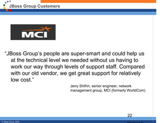 JBoss Group Customers




   “JBoss Group’s people are super-smart and could help us
     at the technical level we needed without us having to
     work our way through levels of support staff. Compared
     with our old vendor, we get great support for relatively
     low cost.”
                                Jerry Shifrin, senior engineer, network
                                management group, MCI (formerly WorldCom)




                                                               22
© JBoss Group, 2003.
 