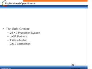 Professional Open Source




   • The Safe Choice
            –     24 X 7 Production Support
            –     JASP Partners
            –     Indemnification
            –     J2EE Certification




                                              23
© JBoss Group, 2003.
 