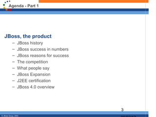 Agenda - Part 1




   JBoss, the product
            –     JBoss history
            –     JBoss success in numbers
            –     JBoss reasons for success
            –     The competition
            –     What people say
            –     JBoss Expansion
            –     J2EE certification
            –     JBoss 4.0 overview




                                              3
© JBoss Group, 2003.
 