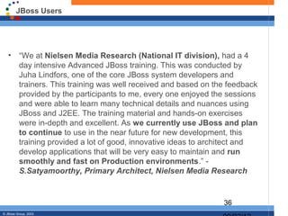 JBoss Users




   •      “We at Nielsen Media Research (National IT division), had a 4
          day intensive Advanced JBoss training. This was conducted by
          Juha Lindfors, one of the core JBoss system developers and
          trainers. This training was well received and based on the feedback
          provided by the participants to me, every one enjoyed the sessions
          and were able to learn many technical details and nuances using
          JBoss and J2EE. The training material and hands-on exercises
          were in-depth and excellent. As we currently use JBoss and plan
          to continue to use in the near future for new development, this
          training provided a lot of good, innovative ideas to architect and
          develop applications that will be very easy to maintain and run
          smoothly and fast on Production environments.” -
          S.Satyamoorthy, Primary Architect, Nielsen Media Research


                                                                   36
© JBoss Group, 2003.
 