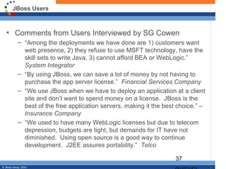 JBoss Users



   • Comments from Users Interviewed by SG Cowen
            – “Among the deployments we have done are 1) customers want
              web presence, 2) they refuse to use MSFT technology, have the
              skill sets to write Java, 3) cannot afford BEA or WebLogic.”
              System Integrator
            – “By using JBoss, we can save a lot of money by not having to
              purchase the app server license.” Financial Services Company
            – “We use JBoss when we have to deploy an application at a client
              site and don’t want to spend money on a license. JBoss is the
              best of the free application servers, making it the best choice.” –
              Insurance Company
            – “We used to have many WebLogic licenses but due to telecom
              depression, budgets are tight, but demands for IT have not
              diminished. Using open source is a good way to continue
              development. J2EE assures portability.” Telco

                                                                      37
© JBoss Group, 2003.
 