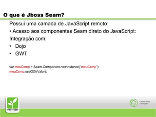 O que é Jboss Seam?Possui uma camada de JavaScript remoto:• Acesso aos componentes Seam direto do JavaScript:Integração com:DojoGWTvar meuComp = Seam.Component.newInstance(“meuComp”);meuComp.setXXX(Valor);