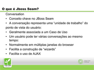 O que é Jboss Seam?ConversationConceito chave no JBoss SeamA conversação representa uma “unidade de trabalho” doponto de vista do usuário:Geralmente associada a um Caso de UsoUm usuário pode ter várias conversações ao mesmo tempo:Normalmente em múltiplas janelas do browserFacilita a construção de “wizards”Facilita o uso de AJAX