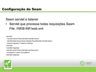 Configuração do SeamSeam servlet e listenerServlet que processa todas requisições Seam 	File: /WEB-INF/web.xml<servlet>  <servlet-name>Faces Servlet</servlet-name>  <servlet-class>javax.faces.webapp.FacesServlet</servlet-class>  <load-on-startup>1</load-on-startup></servlet>< servlet-mapping> <servlet-name>Faces Servlet</servlet-name> <url-pattern>*.seam</url-pattern></servlet-mapping>