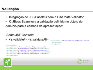 ValidaçãoIntegração do JSF/Facelets com o Hibernate Validator:O JBoss Seam leva a validação definida no objeto dedomínio para a camada de apresentação: Seam JSF Controls:<s:validate/>, <s:validateAll>