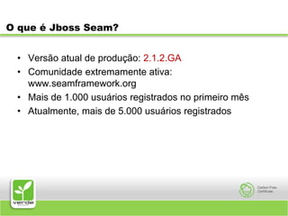 O que é Jboss Seam?Versão atual de produção: 2.1.2.GAComunidade extremamente ativa: www.seamframework.orgMais de 1.000 usuários registrados no primeiro mêsAtualmente, mais de 5.000 usuários registrados