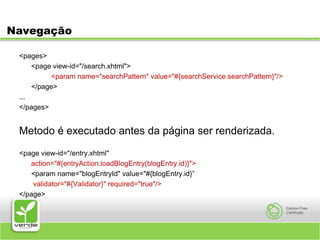 Navegação<pages>	<page view-id="/search.xhtml"><param name="searchPattern" value="#{searchService.searchPattern}"/>	</page>...</pages>Metodo é executado antes da página ser renderizada.<page view-id="/entry.xhtml"action="#{entryAction.loadBlogEntry(blogEntry.id)}">	<param name="blogEntryId" value="#{blogEntry.id}”validator="#{Validator}" required="true"/></page>