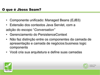 O que é Jboss Seam?Componente unificado: Managed Beans (EJB3)Extensão dos contextos Java Servlet, com aadição do escopo “Conversation”Gerenciamento do PersistenceContextNão faz distinção entre os componentes da camada de apresentação e camada de negócios:business logic componentsVocê cria sua arquitetura e define suas camadas