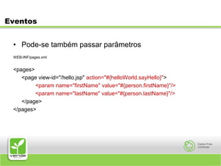 EventosPode-se também passar parâmetrosWEB-INF/pages.xml<pages>	<page view-id="/hello.jsp" action="#{helloWorld.sayHello}"><param name="firstName" value="#{person.firstName}"/>		<param name="lastName" value="#{person.lastName}"/>	</page></pages>
