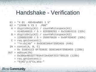 Handshake - Verification
 K1 = “4 @1 46546xW%0l 1 5”
 K2 = “12998 5 Y3 1 .P00”
  A = digitsOnly(K1) / countWhitespace(K1)
    = 4146546015 / 5 = 829309203 = 0x316E4113 (32b)
  B = digitsOnly(K2) / countWhitespace(K2)
    = 1299853100 / 5 = 259970620 = 0x0F7ED63C (32b)
  C = req.getContent()
    = “^n:ds[4U” = 0x5E6E3A64735B3455 (64b)
 IN = concat(A, B, C)
    = 0x 316E4113 0F7ED63C 5E6E3A64735B3455 (128b)
OUT = md5sum(IN)
    = 0x386a4B5327793A472A436F2C5778612D (128b)
    = res.getContent()
    = “8jKS'y:G*Co,Wxa-”
 