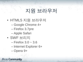 지원 브라우저
• HTML5 지원 브라우저
 – Google Chrome 4+
 – Firefox 3.7pre
 – Apple Safari
• SWF 브리지
 – Firefox 3.0 ~ 3.6
 – Internet E...