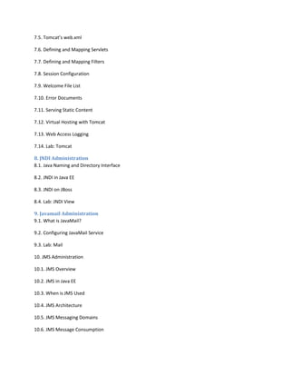 7.5. Tomcat’s web.xml
7.6. Defining and Mapping Servlets
7.7. Defining and Mapping Filters
7.8. Session Configuration
7.9. Welcome File List
7.10. Error Documents
7.11. Serving Static Content
7.12. Virtual Hosting with Tomcat
7.13. Web Access Logging
7.14. Lab: Tomcat
8. JNDI Administration
8.1. Java Naming and Directory Interface
8.2. JNDI in Java EE
8.3. JNDI on JBoss
8.4. Lab: JNDI View
9. Javamail Administration
9.1. What is JavaMail?
9.2. Configuring JavaMail Service
9.3. Lab: Mail
10. JMS Administration
10.1. JMS Overview
10.2. JMS in Java EE
10.3. When is JMS Used
10.4. JMS Architecture
10.5. JMS Messaging Domains
10.6. JMS Message Consumption

 