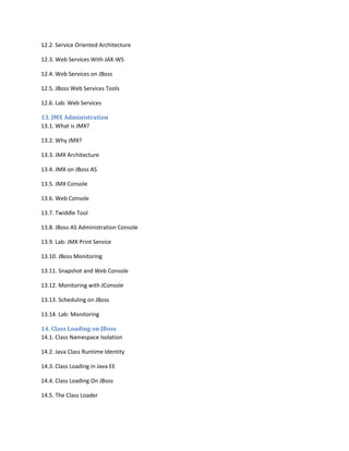 12.2. Service Oriented Architecture
12.3. Web Services With JAX-WS
12.4. Web Services on JBoss
12.5. JBoss Web Services Tools
12.6. Lab: Web Services
13. JMX Administration
13.1. What is JMX?
13.2. Why JMX?
13.3. JMX Architecture
13.4. JMX on JBoss AS
13.5. JMX Console
13.6. Web Console
13.7. Twiddle Tool
13.8. JBoss AS Administration Console
13.9. Lab: JMX Print Service
13.10. JBoss Monitoring
13.11. Snapshot and Web Console
13.12. Monitoring with JConsole
13.13. Scheduling on JBoss
13.14. Lab: Monitoring
14. Class Loading on JBoss
14.1. Class Namespace Isolation
14.2. Java Class Runtime Identity
14.3. Class Loading in Java EE
14.4. Class Loading On JBoss
14.5. The Class Loader

 