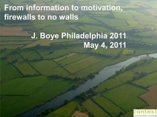 From information to motivation,
firewalls to no walls

       J. Boye Philadelphia 2011
                     May 4, 2011
 