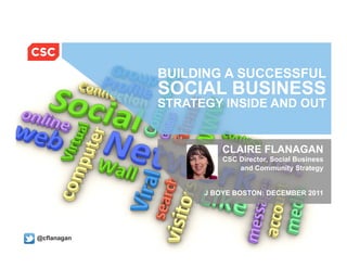 BUILDING A SUCCESSFUL
                                         SOCIAL BUSINESS
                                         STRATEGY INSIDE AND OUT


                                                           CLAIRE FLANAGAN
                                                           CSC Director, Social Business
                                                               and Community Strategy


                                                       J BOYE BOSTON: DECEMBER 2011




@cflanagan
  © 2011 Computer Sciences Corporation    @cflanagan                     12/2/11 CSC Case Study 1
 