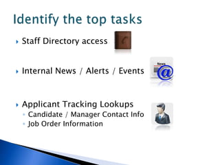    Staff Directory access


   Internal News / Alerts / Events



   Applicant Tracking Lookups
    ◦ Candidate / Manager Contact Info
    ◦ Job Order Information
 