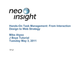 Hands-On Task Management: From Interaction Design to Web StrategyMike AtyeoJ Boye TutorialTuesday May 3, 2011 V1.2 