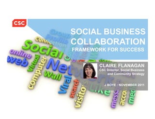 SOCIAL BUSINESS
                                                      COLLABORATION
                                                       FRAMEWORK FOR SUCCESS


                                                                   CLAIRE FLANAGAN
                                                                   CSC Director, Social Business
                                                                       and Community Strategy


                                                                      J BOYE : NOVEMBER 2011




© 2011 Computer Sciences Corporation   Social Business Framework                      3/21/12   1
 