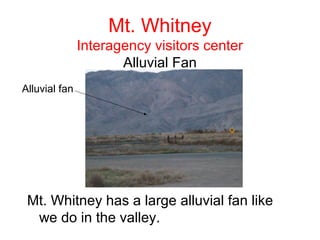 Mt. Whitney
               Interagency visitors center
                      Alluvial Fan
Alluvial fan




 Mt. Whitney has a large alluvial fan like
  we do in the valley.
 