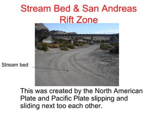 Stream Bed & San Andreas
               Rift Zone



Stream bed




      This was created by the North American
      Plate and Pacific Plate slipping and
      sliding next too each other.
 