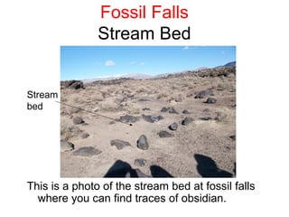 Fossil Falls
               Stream Bed


Stream
bed




This is a photo of the stream bed at fossil falls
  where you can find traces of obsidian.
 