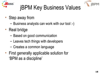 jBPM Key Business Values Step away from  Business analysts can work with our tool :-) Real bridge Based on good communication Leaves tech things with developers Creates a common language First generally applicable solution for  ‘BPM as a discipline’ 