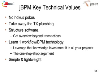 jBPM Key Technical Values No hokus pokus Take away the TX plumbing Structure software Get overview beyond transactions Learn 1 workflow/BPM technology Leverage that knowledge investment it in all your projects The one-stop-shop argument Simple & lightweight 