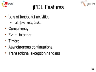 jPDL Features
• Lots of functional activities
    – mail, java, esb, task,…
•   Concurrency
•   Event listeners
•   Timers
•   Asynchronous continuations
•   Transactional exception handlers


                                       17
 